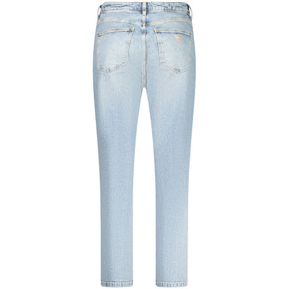 Guess Jeans Blue Cotton Women Jeans back view with high-waisted tapered silhouette and iconic Guess logo, showcasing modern vintage style.