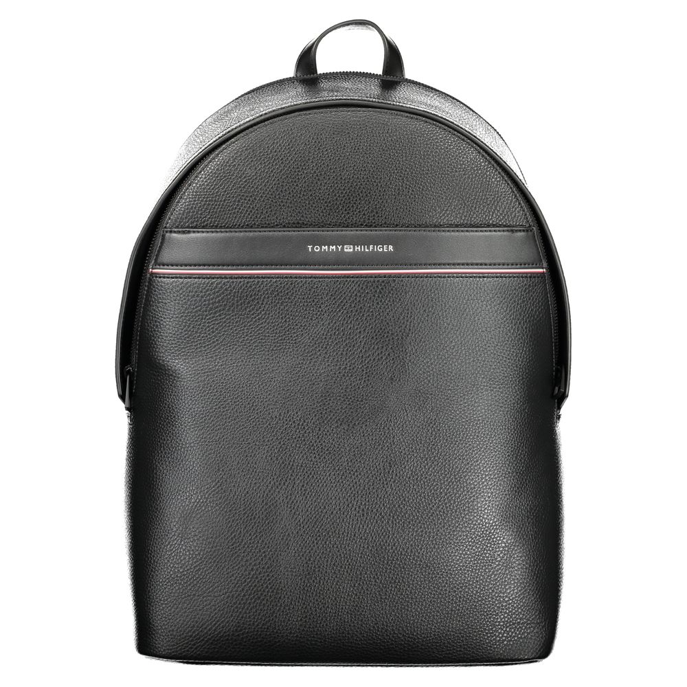 Tommy Hilfiger Black Polyester Men Backpack with sleek design and logo detailing for casual sophistication and organization.