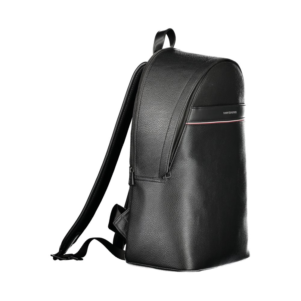 Tommy Hilfiger Black Polyester Men Backpack with top handle, adjustable straps, and multiple compartments for organization.