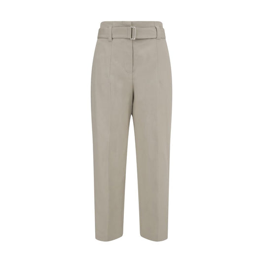 Brunello Cucinelli Cream Cotton Casual Pants with adjustable belt, featuring side and back pockets for a modern silhouette.