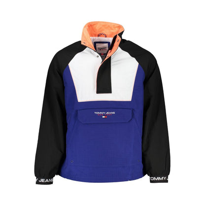 Tommy Hilfiger Blue Polyamide Men Jacket with recycled nylon, long sleeves, half-zip, button closure, and iconic embroidery.