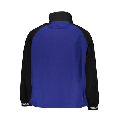 Tommy Hilfiger Blue Polyamide Men Jacket with black sleeves, eco-friendly design, and brand embroidery, rear view.