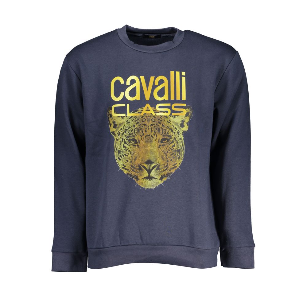 Cavalli Class Blue Cotton Men Sweater with bold leopard print and logo, showcasing Italian craftsmanship and modern style.