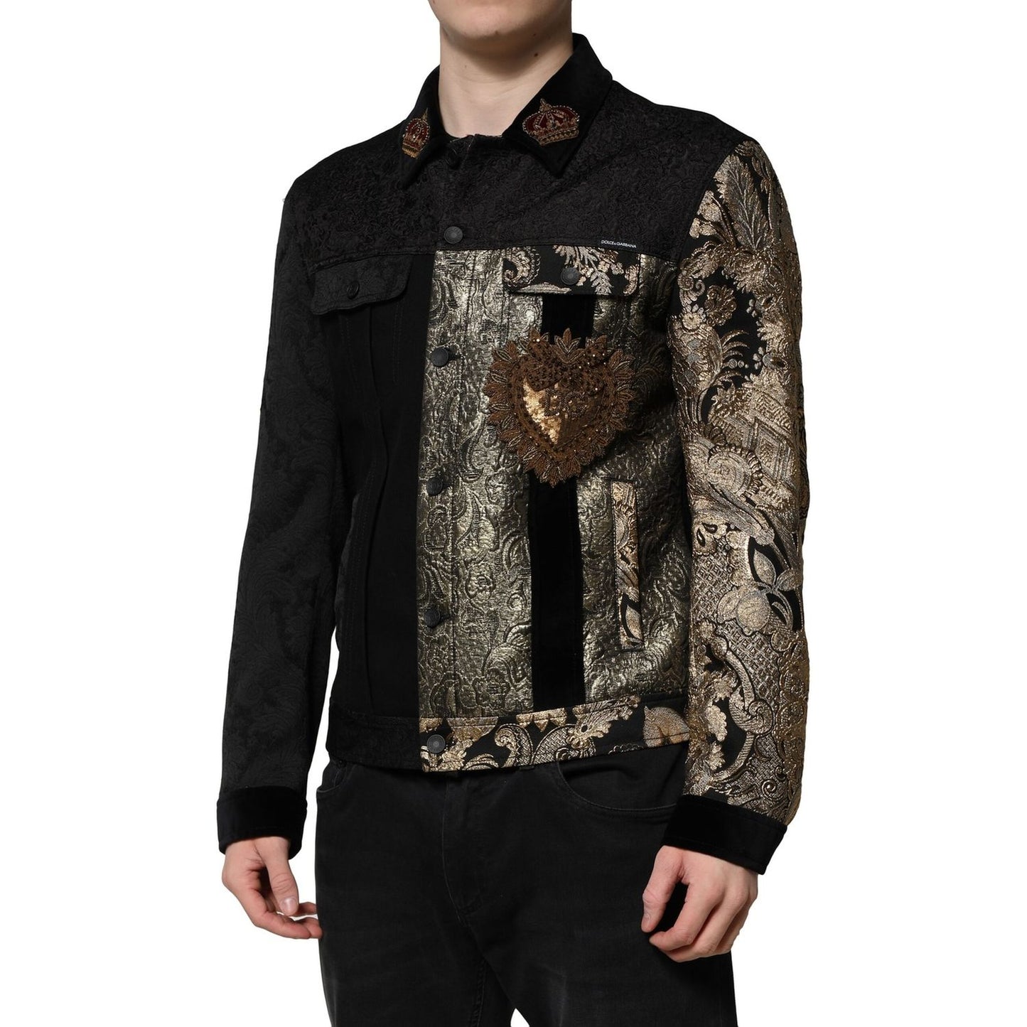 Dolce & Gabbana Black Gold Floral Jacquard Men Biker Jacket