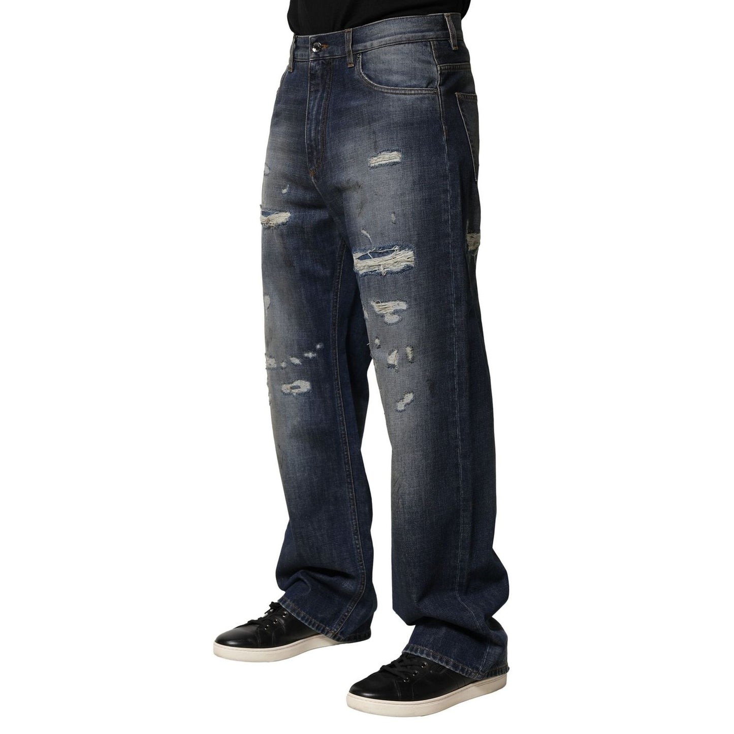 Dolce & Gabbana Blue Washed Tattered Cotton Men Jeans PAN76449-46