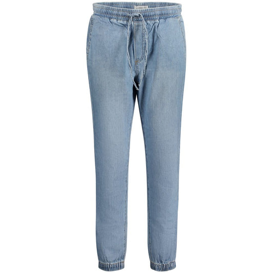 Guess Jeans Blue Cotton Women Jeans with elastic waist and ankles, showcasing stylish design and modern fit for chic footwear display.