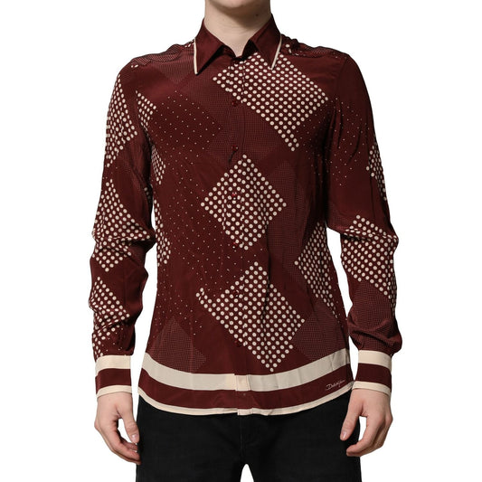 Dolce & Gabbana Maroon Dotted Silk Long Sleeve Casual Shirt TSH90650-40
