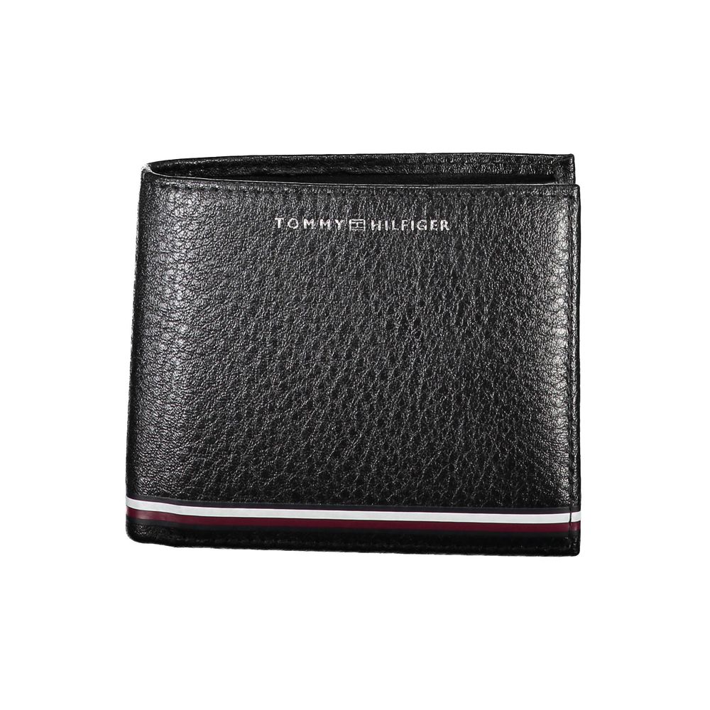 Tommy Hilfiger Black Leather Men Wallet with sleek design and iconic logo, featuring dual compartments and coin purse.