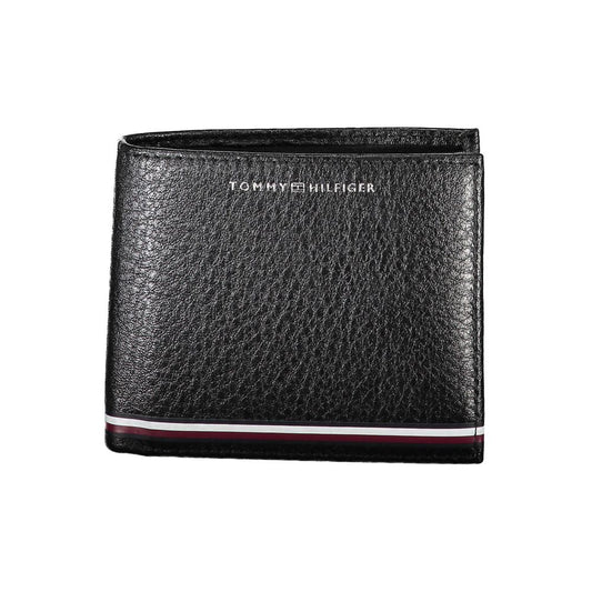 Tommy Hilfiger Black Leather Men Wallet with sleek design and iconic logo, featuring dual compartments and coin purse.