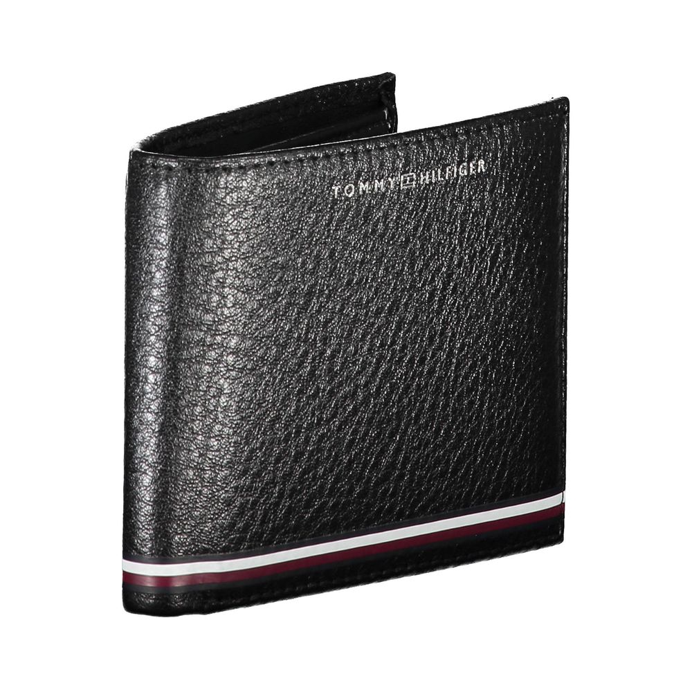 Tommy Hilfiger Black Leather Men Wallet with logo and stripe details, featuring compartments for practical use.