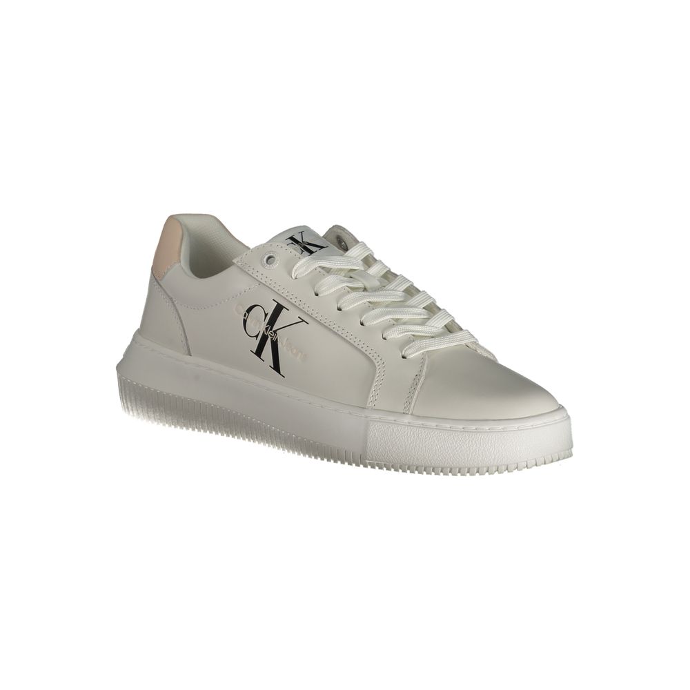 Calvin Klein White Polyester Sneaker with logo, laces, and contrast details, made from 50% recycled polyester.
