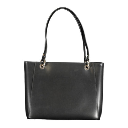 Alt Tag: Guess Jeans Black Polyethylene Handbag with dual shoulder handles, two compartments, internal pocket, and logo detailing.
