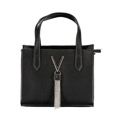 Mario Valentino Black Polyethylene Women Handbag with stylish V logo and chain detail, featuring two handles and a removable shoulder strap.