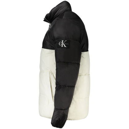 Calvin Klein White Polyester Men Jacket with black details and CK logo, made from 95% recycled polyester for urban fashion and sustainability.