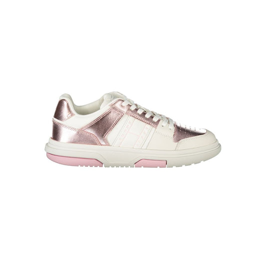 Tommy Hilfiger White Polyethylene Women Sneaker with pink accents and iconic logo, side view showcasing style and comfort.