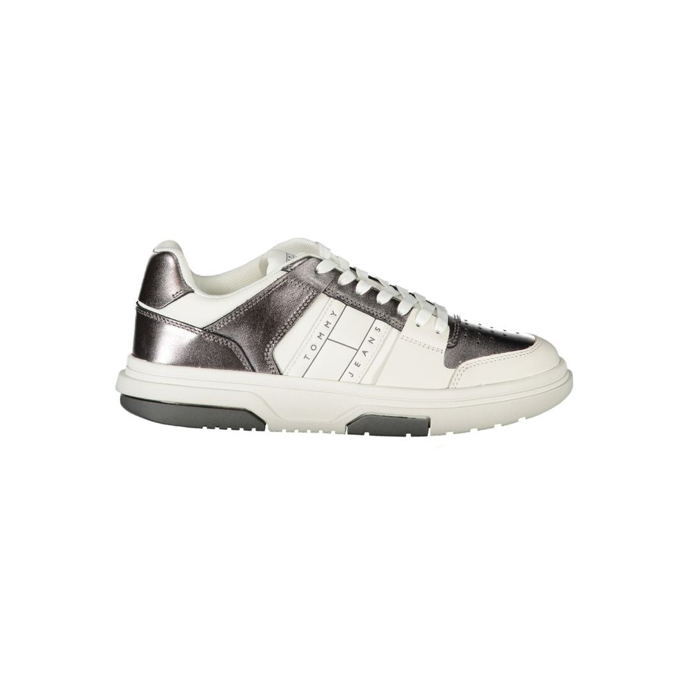 Tommy Hilfiger White Polyethylene Women Sneaker with silver accents and branding, offering style and athletic comfort.