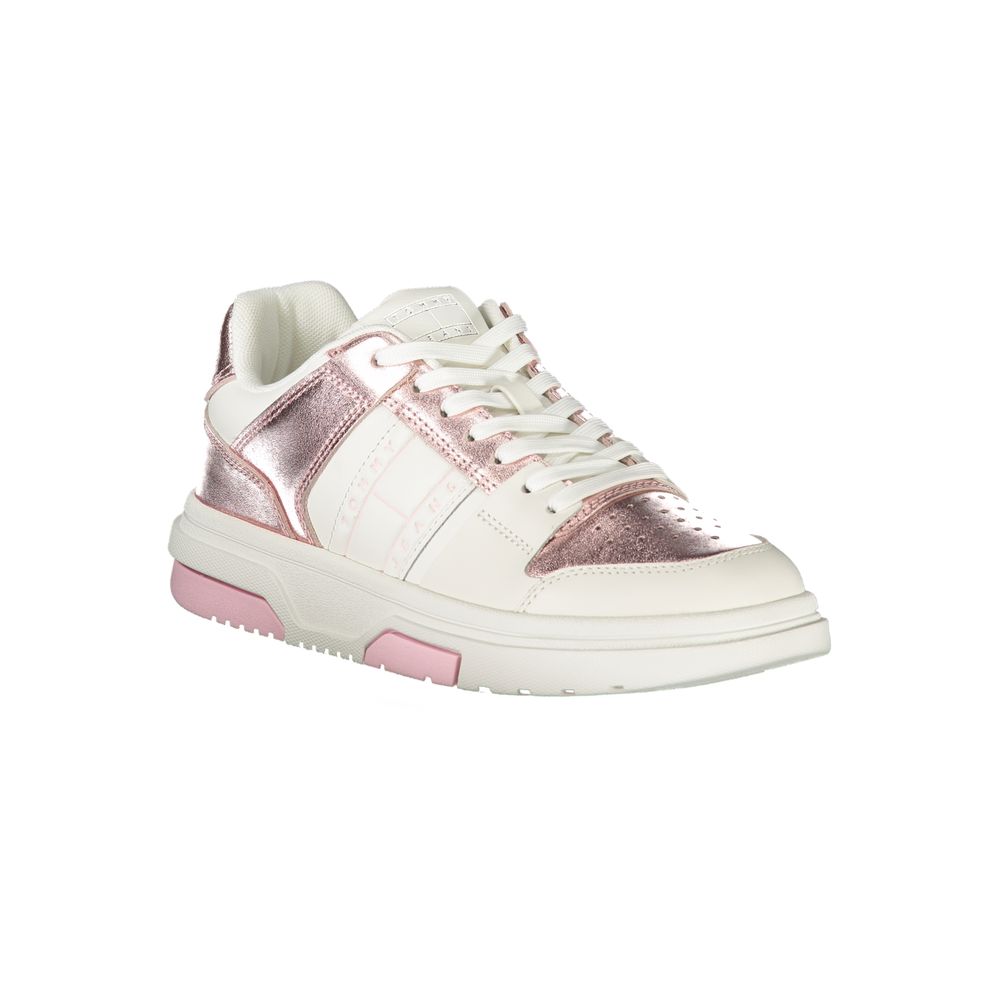 Tommy Hilfiger White Polyethylene Women Sneaker with pink accents and logo, stylish and comfortable, perfect for fashion-forward outfits.