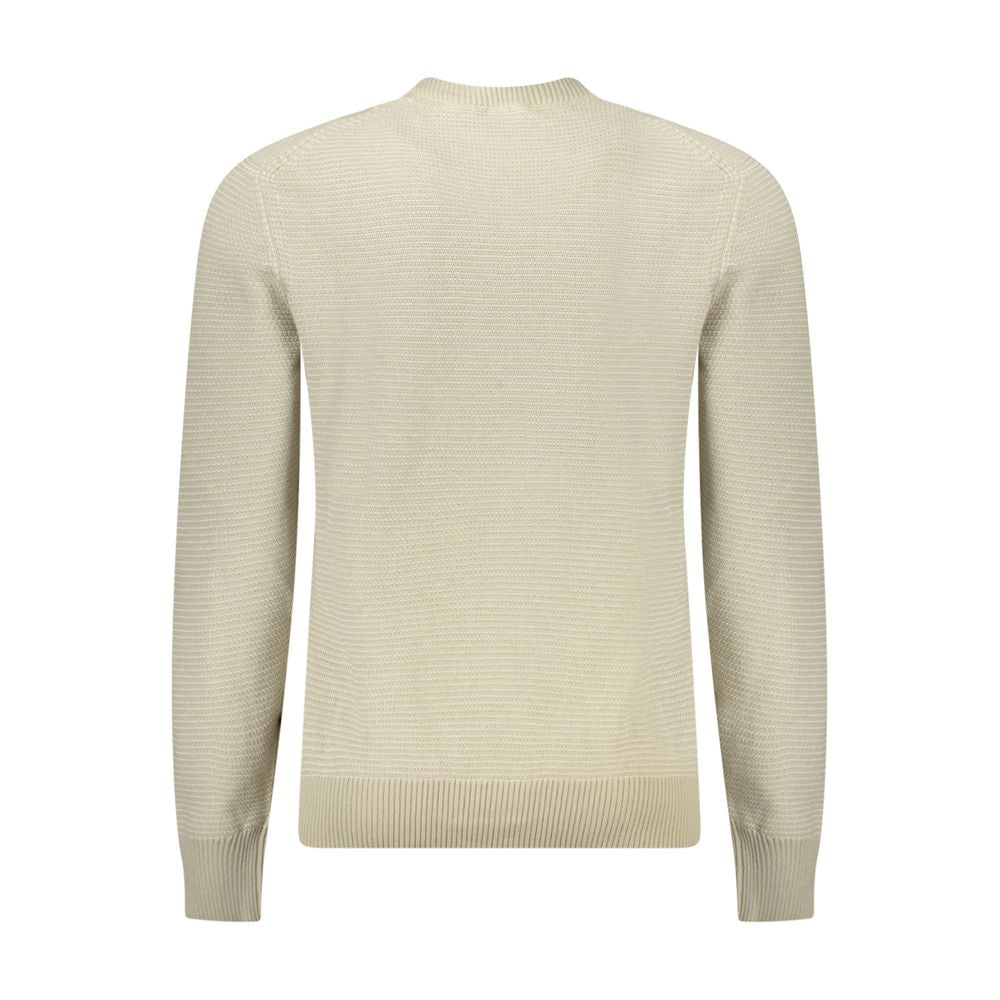 Hugo Boss Beige Cotton Men Sweater with crew neck and ribbed cuffs, back view showcasing texture of cotton and kapok blend fabric.