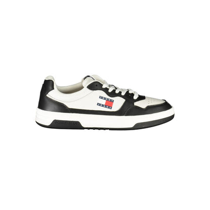 Tommy Hilfiger Black Leather Men Sneaker with white details and logo, showcasing stylish design and athletic elegance.