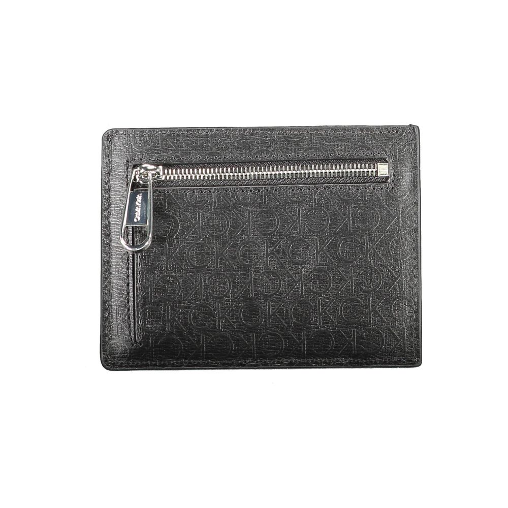 Calvin Klein Black Polyester Men Wallet with RFID blocking and zipper pocket, featuring signature logo pattern.