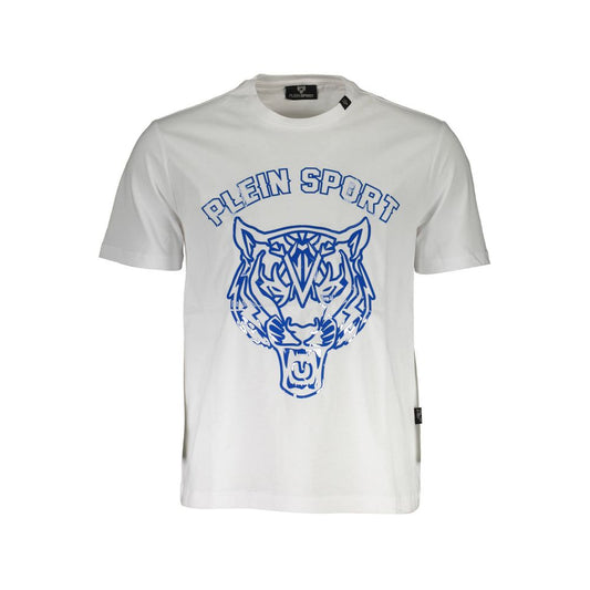 Plein Sport White Cotton Men T-Shirt with bold blue logo and tiger print, ideal for athletic and stylish trendsetters.