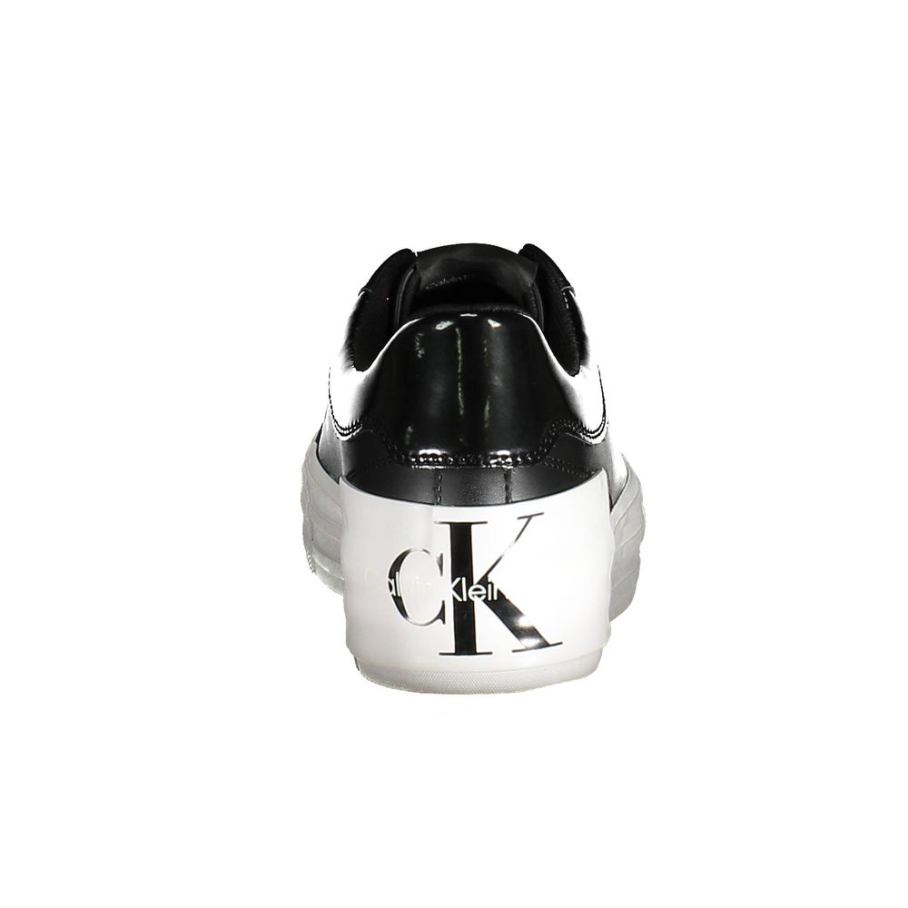 Calvin Klein Black Polyester Sneaker, rear view with bold CK logo, 3 cm platform, contrasting details, and 50% recycled polyester.