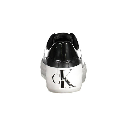 Calvin Klein Black Polyester Sneaker, rear view with bold CK logo, 3 cm platform, contrasting details, and 50% recycled polyester.