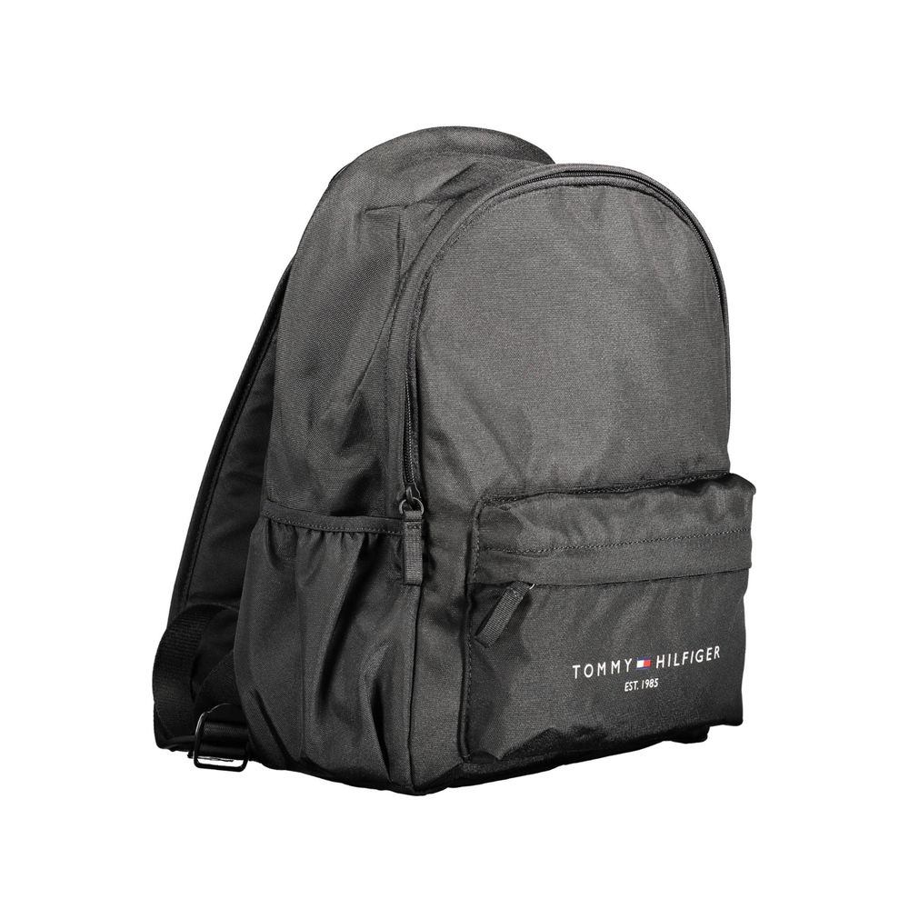Tommy Hilfiger Black Polyester Men Backpack with adjustable straps, eco-friendly design, and front logo detailing.