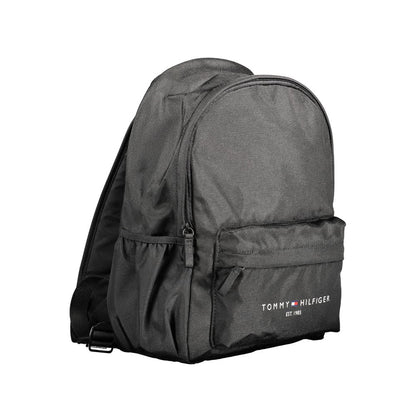 Tommy Hilfiger Black Polyester Men Backpack with adjustable straps, eco-friendly design, and front logo detailing.