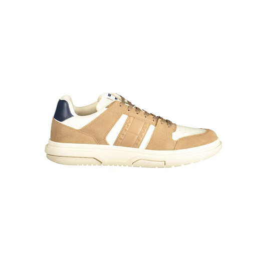 Tommy Hilfiger Beige Leather Men Sneaker with brown and blue details, perfect for casual wear and comfort.