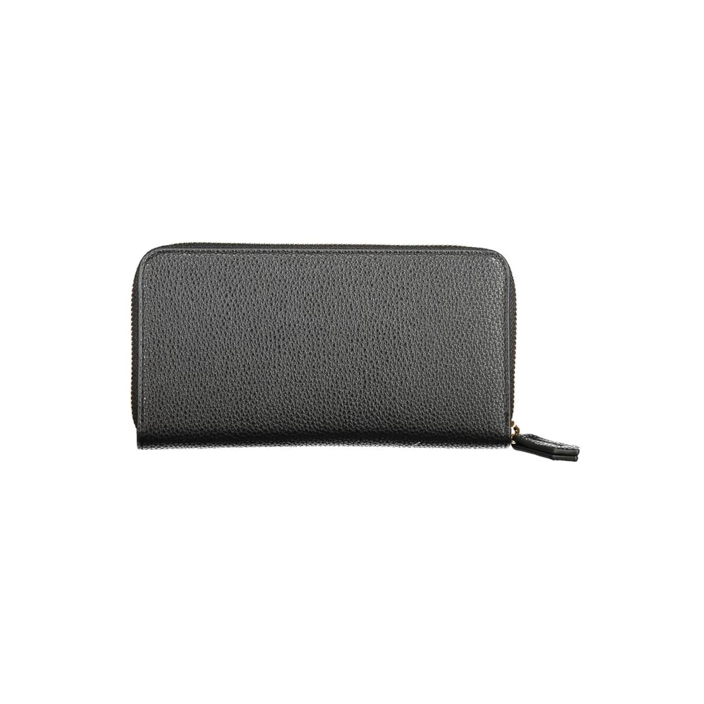 Mario Valentino Black Polyethylene Wallet with zip closure, features 6 compartments, coin purse, and double card spaces, made from recycled materials.