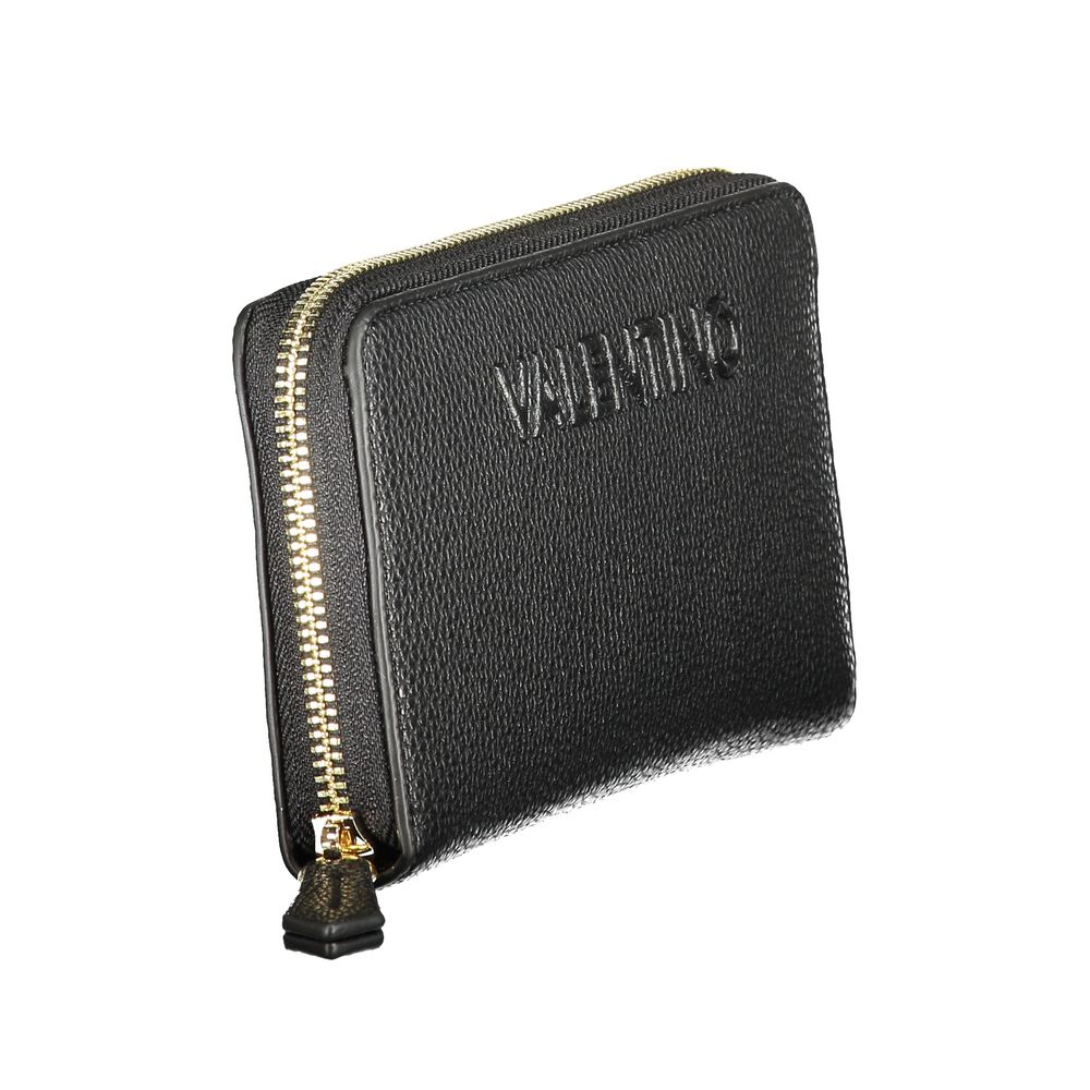 Mario Valentino Black Polyethylene Wallet with zip closure and embossed logo, featuring six compartments and coin purse.