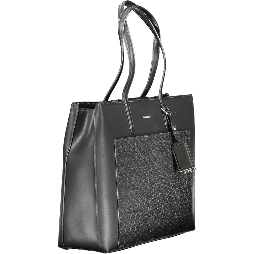 Calvin Klein Black Polyester Women Handbag with dual straps and embossed logo, featuring external pocket and compartments for organization.