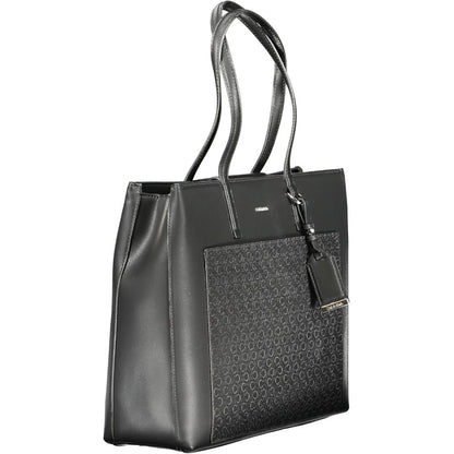 Calvin Klein Black Polyester Women Handbag with dual straps and embossed logo, featuring external pocket and compartments for organization.