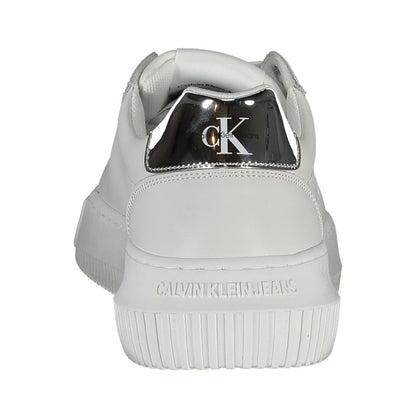 Calvin Klein White Polyester Sneaker with contrasting sole and logo detail, made from recycled polyester, rear view.