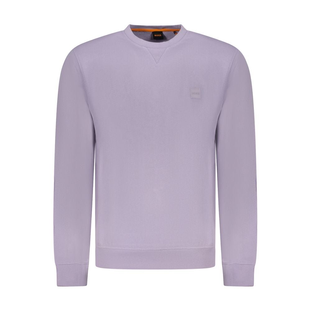 Hugo Boss Purple Cotton Men Sweater with long sleeves and crew neck, showcasing elegant embroidery and logo, perfect for modern style.