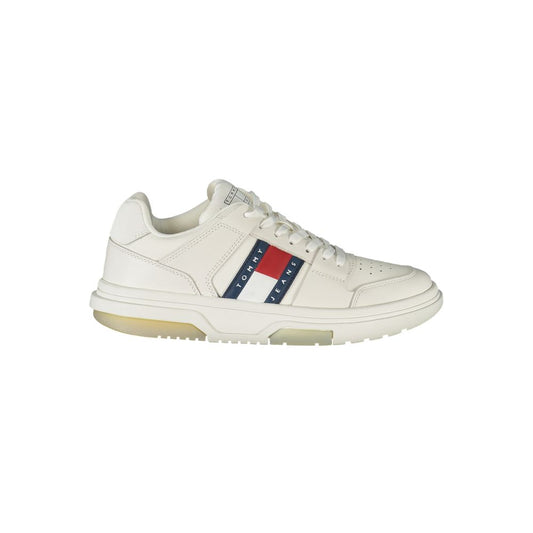 Alt Tag: Tommy Hilfiger White Leather Women Sneaker with iconic logo print and contrasting details, showcasing stylish athletic footwear.