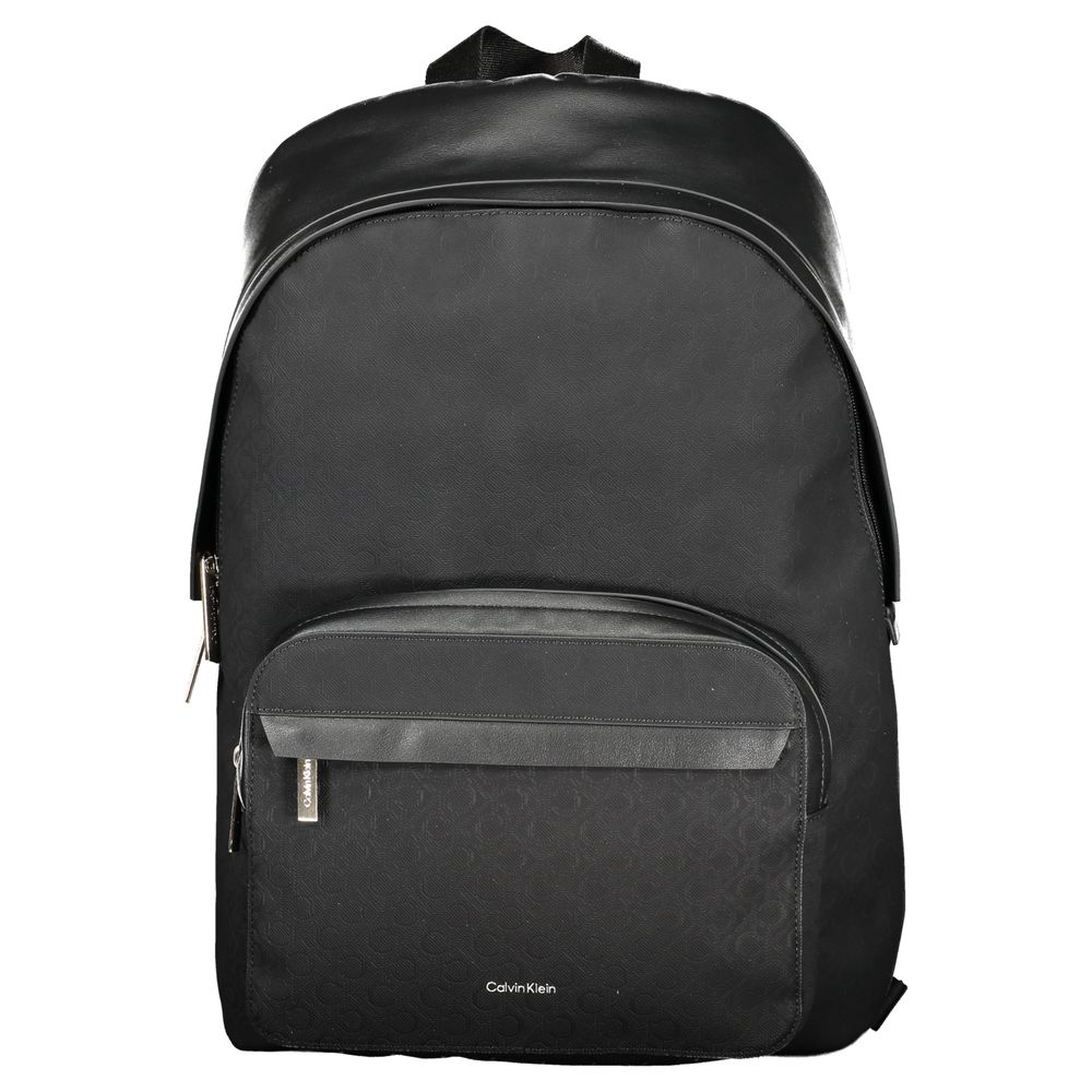 Calvin Klein Black Polyester Men Backpack featuring sleek design with external pocket and laptop compartment.