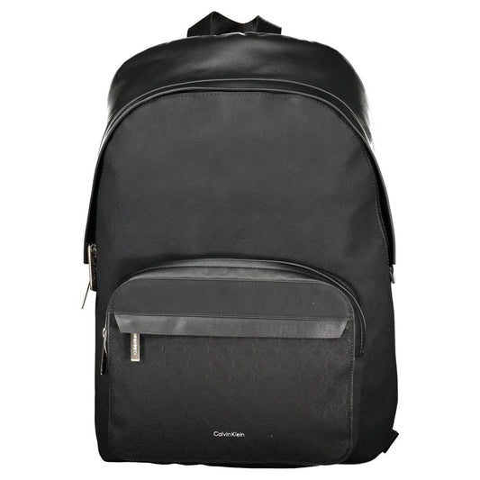 Calvin Klein Black Polyester Men Backpack featuring sleek design with external pocket and laptop compartment.