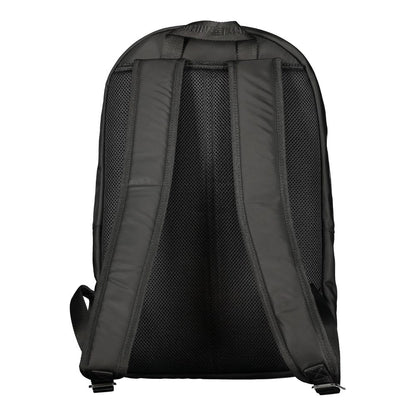Back view of Tommy Hilfiger Black Polyester Men Backpack showing adjustable shoulder straps and breathable padding for comfort.