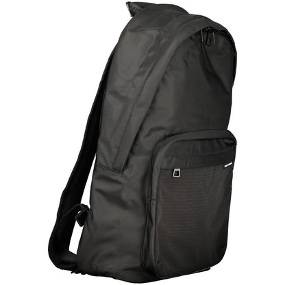 Tommy Hilfiger Black Polyester Men Backpack with external pocket and adjustable straps.