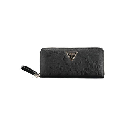 Guess Jeans Black Polyethylene Women Wallet with zip closure, featuring logo detail, sleek design, and ample storage space.