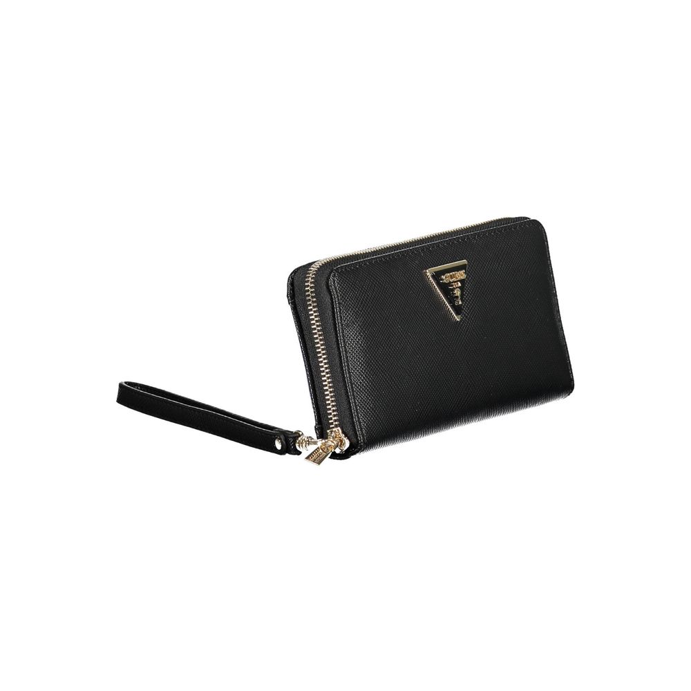 Guess Jeans Black Polyethylene Women Wallet with zip closure and wrist strap, showcasing a sleek design with gold accents.