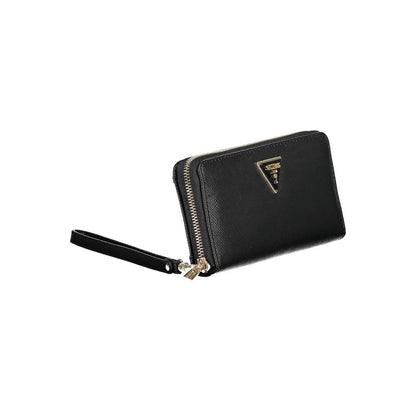 Guess Jeans Black Polyethylene Women Wallet with zip closure and wrist strap, showcasing a sleek design with gold accents.