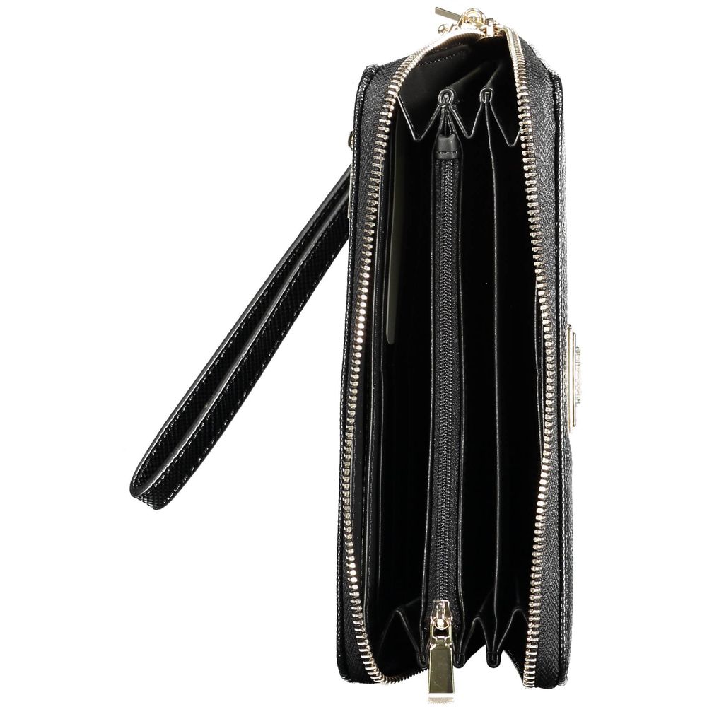Guess Jeans Black Polyethylene Women Wallet with spacious compartments, coin purse, and zip closure, side view open