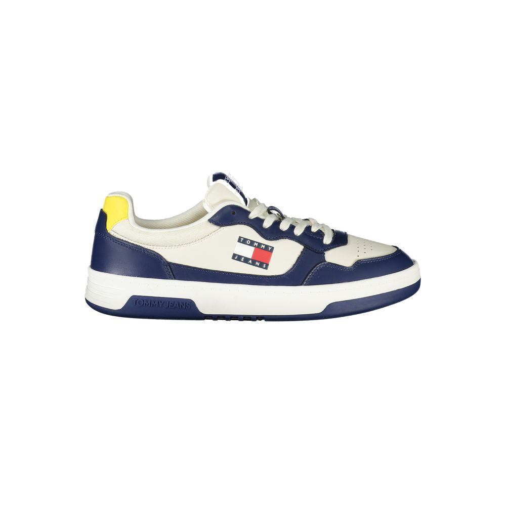 Tommy Hilfiger Blue Polyethylene Men Sneaker with logo and removable insole, featuring white and yellow accents.