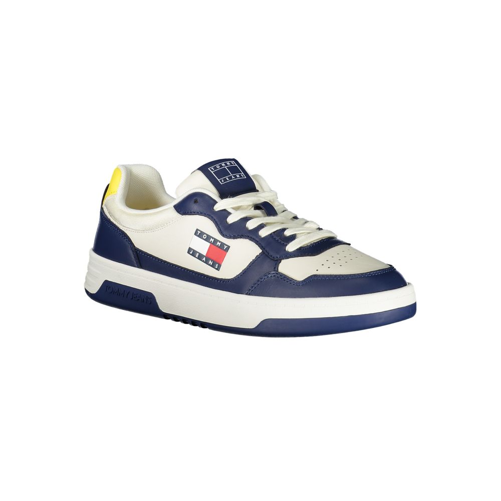 Tommy Hilfiger Blue Polyethylene Men Sneaker with white and yellow accents, featuring logo and removable insole, on a white background.
