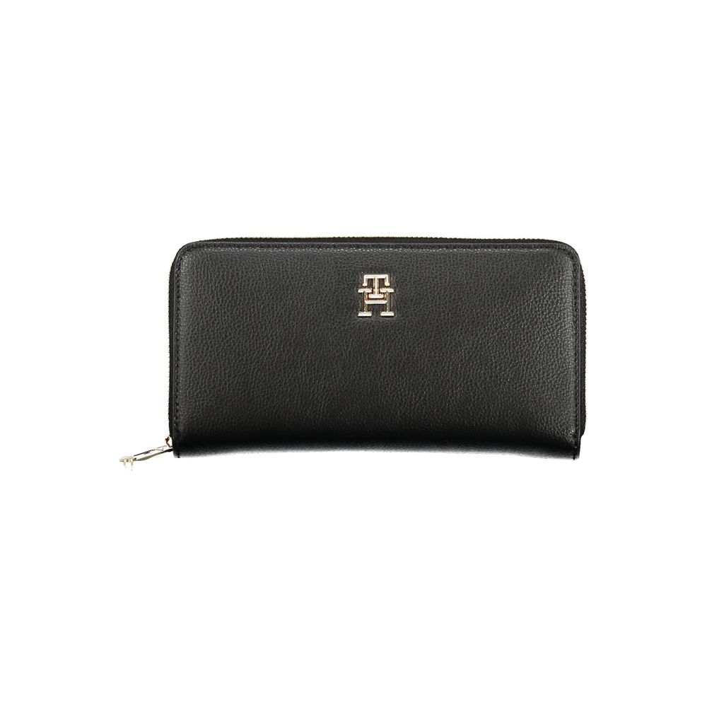 Tommy Hilfiger Black Polyethylene Women Wallet with logo and zip closure, offering organization with multiple compartments for cards and cash.