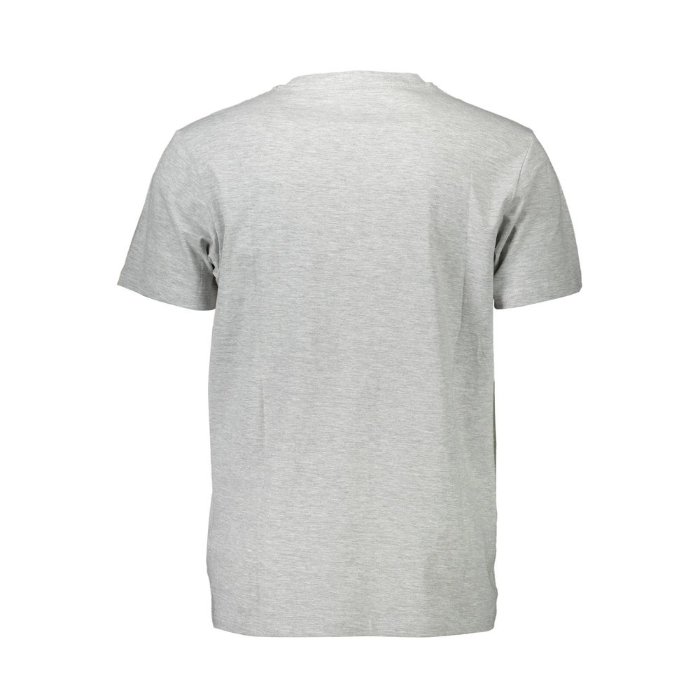 Back view of a gray cotton men’s t-shirt on display, emphasizing comfort and style.