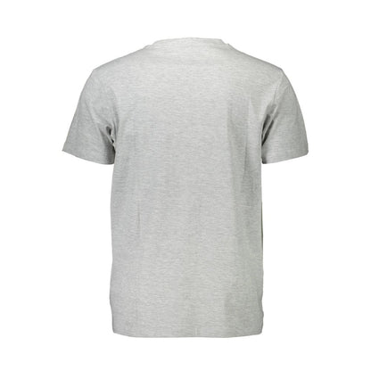 Back view of a gray cotton men’s t-shirt on display, emphasizing comfort and style.